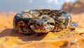 Intense close-up of a coiled python with striking yellow markings on sandy desert terrain Royalty Free Stock Photo