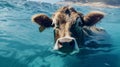 Intense Close-up: A Cow Swimming In The Ocean