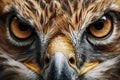 Intense close-up of an eagle face, highlighting its sharp beak and piercing golden eyes amidst detailed feathers Royalty Free Stock Photo