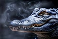 Intense Close up Portrait of a Majestic Alligator with Glowing Eyes Surrounded by Ethereal Smoke