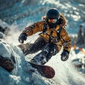 Intense close-up of a snowboarder in the midst of a high-flying jump, focusing on the concentration and skill in their expression