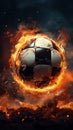 Intense close up, Soccer ball, ablaze, unleashed with power in stadium Royalty Free Stock Photo