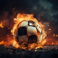 Intense close up, Soccer ball, ablaze, unleashed with power in stadium Royalty Free Stock Photo