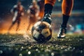 Intense close up soccer players foot skillfully manipulates the ball, stadium