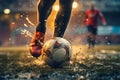 Intense close up soccer players foot skillfully manipulates the ball, stadium