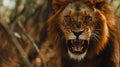 intense closeup of roaring adult male lion face, powerful and aggressive wildlife portrait Royalty Free Stock Photo