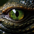 An intense closeup shot of a crocodile\'s eye showcasing its reptilian features