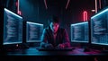 Intense Coder Surrounded by Glowing Screens in a Neon-Lit Workspace Royalty Free Stock Photo