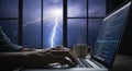 Intense coding session amidst a dramatic thunderstorm outside a window Royalty Free Stock Photo