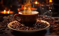 Intense Coffee: Steaming Cup and Beans that Tell the Story of the Perfect Aroma.Taste and Energy with a Cup of Steaming Coffee