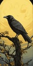 Intense Color Fields: Detailed Crow Illustration With Moon