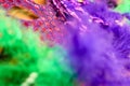 Intense color -Mardi Gras - Carnaval background in purple and green - blurred feathers and a mask on gold background Royalty Free Stock Photo