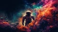 Intense Color Palette: Astronaut In The Sky Among Colorful Clouds