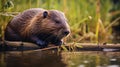 Intense Color Saturation Powerful And Emotive Portraiture Of A Beaver On A Wooden Log