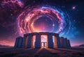 Intense Colors Hyperrealistic Stars Light Up a Majestic Anime Stonehenge Loop. Ideal for Dynamic Visuals. Royalty Free Stock Photo