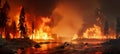 Intense and devastating forest fire ravaging british columbia, canada with towering flames