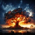 An intense digital art depiction of a mighty tree consumed by fire under a stormy sky. AI generation