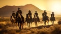 Intense And Dramatic Lighting: Five Cowboys Riding Horses Through The Desert