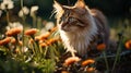 Intense And Dramatic Lighting: Majestic Cat Grazing In Flower Field