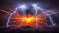 Intense electrical storm with bright lightning strikes and fiery orange energy exploding amidst dark clouds Keywords Royalty Free Stock Photo