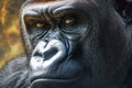Intense eyes close up of a silverback king gorillas compelling face