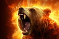 Intense Ferocious bear, fiery background illuminated by flames