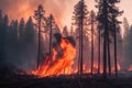 Intense flames from a massive forest fire, generative ai. Flames light up the evening as they rage thru pine forests and sage Royalty Free Stock Photo