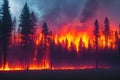 Intense flames from a massive forest fire, generative ai. Flames light up the evening as they rage thru pine forests and sage Royalty Free Stock Photo