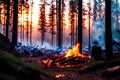 Intense flames from a massive forest fire, generative ai. Flames light up the evening as they rage thru pine forests and sage Royalty Free Stock Photo