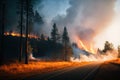 Intense flames from a massive forest fire, generative ai. Flames light up the evening as they rage thru pine forests and sage Royalty Free Stock Photo
