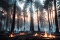 Intense flames from a massive forest fire, generative ai. Flames light up the evening as they rage thru pine forests and sage Royalty Free Stock Photo