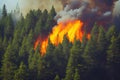 Intense flames from a massive forest fire, generative ai. Flames light up the evening as they rage thru pine forests and sage Royalty Free Stock Photo