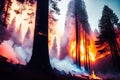 Intense flames from a massive forest fire, generative ai. Flames light up the evening as they rage thru pine forests and sage