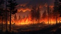 Intense flames from a massive forest fire. Flames light up the night as they rage thru pine forests and sage brush