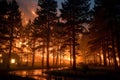 Intense Forest Fire at Dusk with Illuminated Trees and Reflected Light in Stream Generative AI Royalty Free Stock Photo