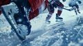 An intense game of ice hockey captured from a closeup angle highlighting the sharp blades in action Royalty Free Stock Photo