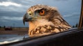 Intense Gaze: A Captivating Bird In The Window Of A Car Royalty Free Stock Photo
