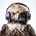 Intense Gaze: Eagle Dj Listening To Music With Headphones