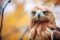 intense gaze of a golden eagle from a treetop