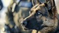 The intense gaze of a police dog as it follows the commands of its handler.