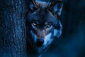 Intense gaze of a wolf emerges from the shadows in the night forest Royalty Free Stock Photo