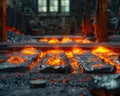 Intense Glow of Hot Metal in Industrial Foundry, Molten Steel Pouring and Solidification Under Harsh Working Conditions