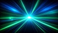 Intense green and blue light beams exploding outwards from a bright core on a dark starry expanse Royalty Free Stock Photo