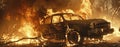 The intense heat of the flames warping the metal frame of a car as it becomes another victim to the fires wrath