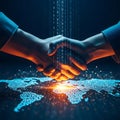 Intense close-up photorealistic render showing two hands tightly interlocked over a deeply glowing digital global network map with Royalty Free Stock Photo