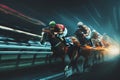 Intense horse racing action with jockeys in mid-race, vibrant light trails enhancing motion Royalty Free Stock Photo