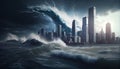 An intense illustration depicting a devastating tsunami rapidly approaching a metropolis city, capturing the imminent