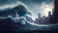 An intense illustration depicting a devastating tsunami rapidly approaching a metropolis city, capturing the imminent