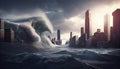 An intense illustration depicting a devastating tsunami rapidly approaching a metropolis city, capturing the imminent