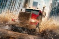 Powerful red truck splashing mud in cityscape Royalty Free Stock Photo